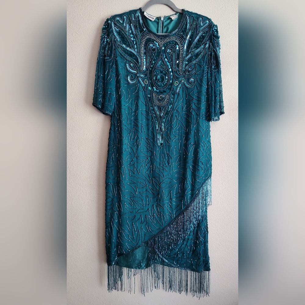 Teal Beaded Vintage Dress